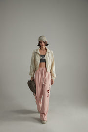 Banded Wide Leg Distressed Slit Pants