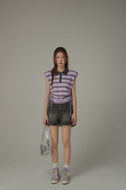 Side Shirring Striped Back Cut Out Top