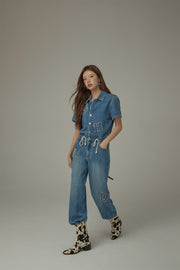 String Embroidered Denim Jumpsuit