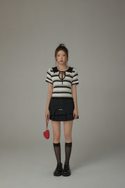 Stripe Ribbon Keyhole Knit Top