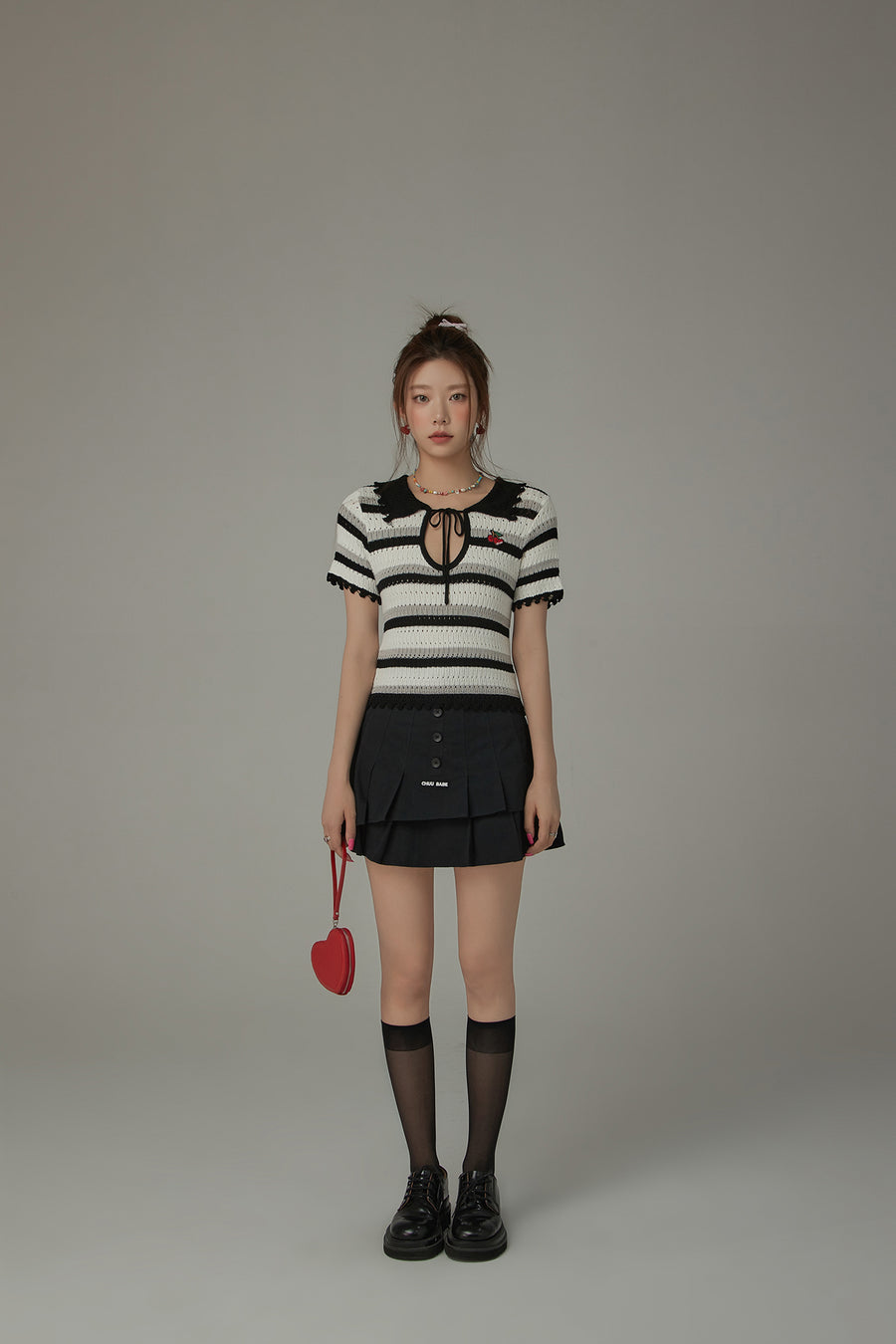 CHUU Stripe Ribbon Keyhole Knit Top