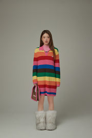 Open Collar Rainbow Knit Dress