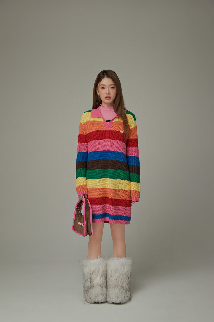 CHUU Open Collar Rainbow Knit Dress