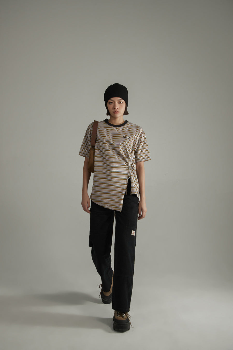 CHUU Striped Slit Shirring String T-Shirt