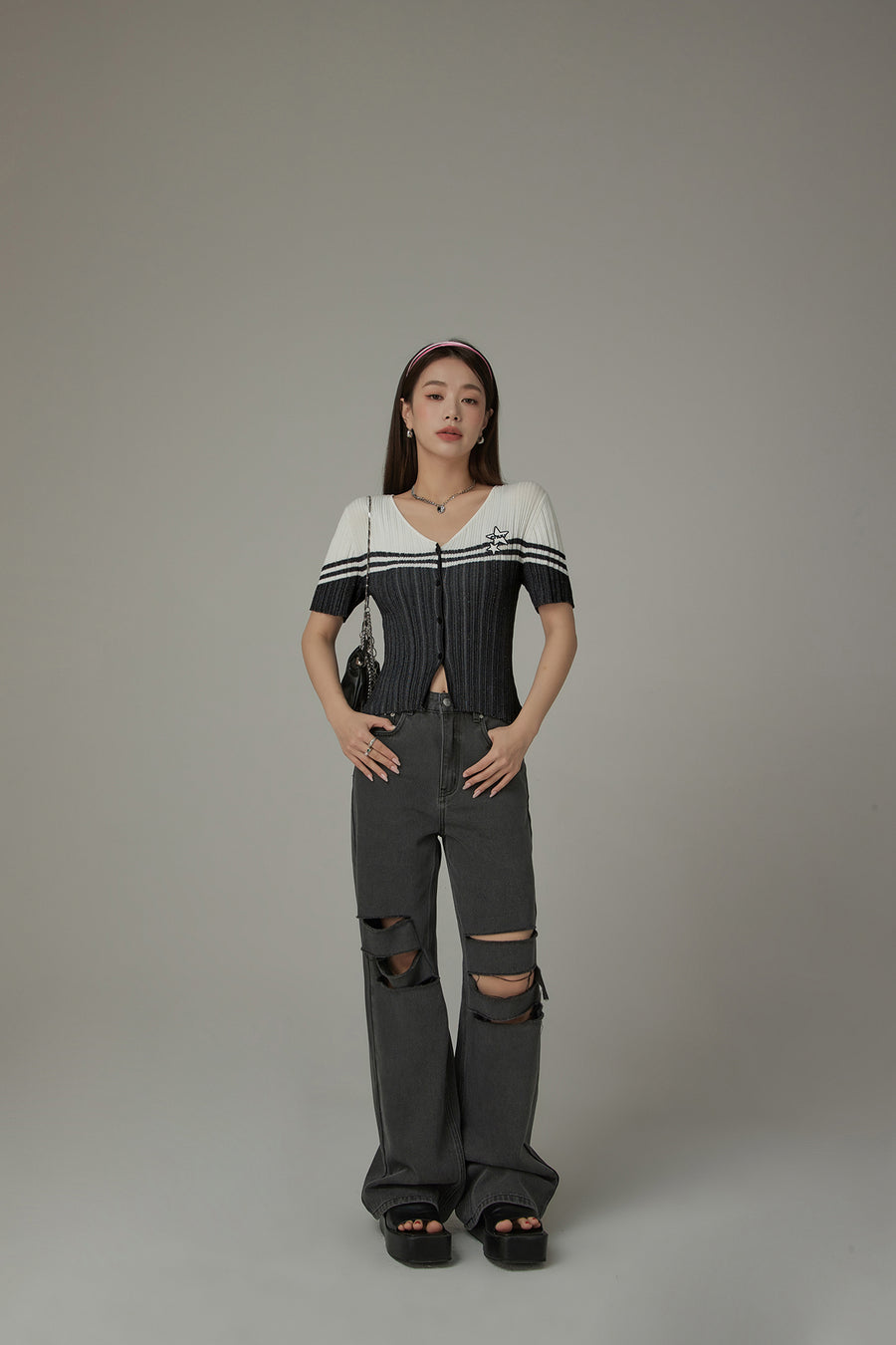 CHUU Ribbed Color Blocked Button Short Sleeve Cardigan