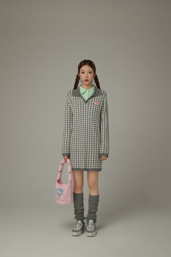 Open Collar Check Dress