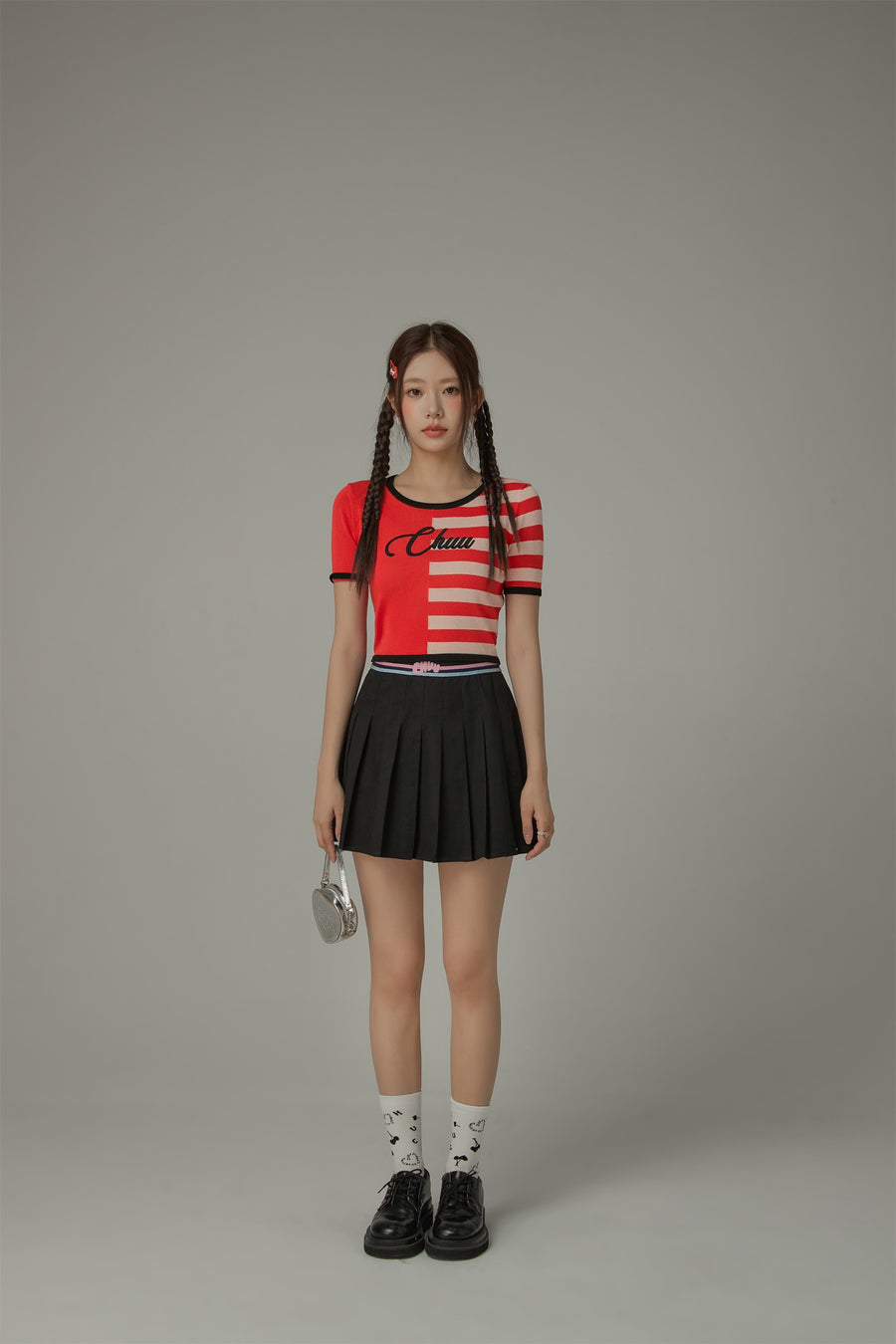 CHUU Chuu Lettering Half Striped Colorblocked Knit Crop Top