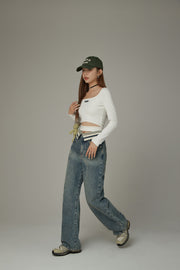 Color Matching Folded Waist Wide Denim Jeans