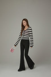 Button Stripe Color Knit Sweater