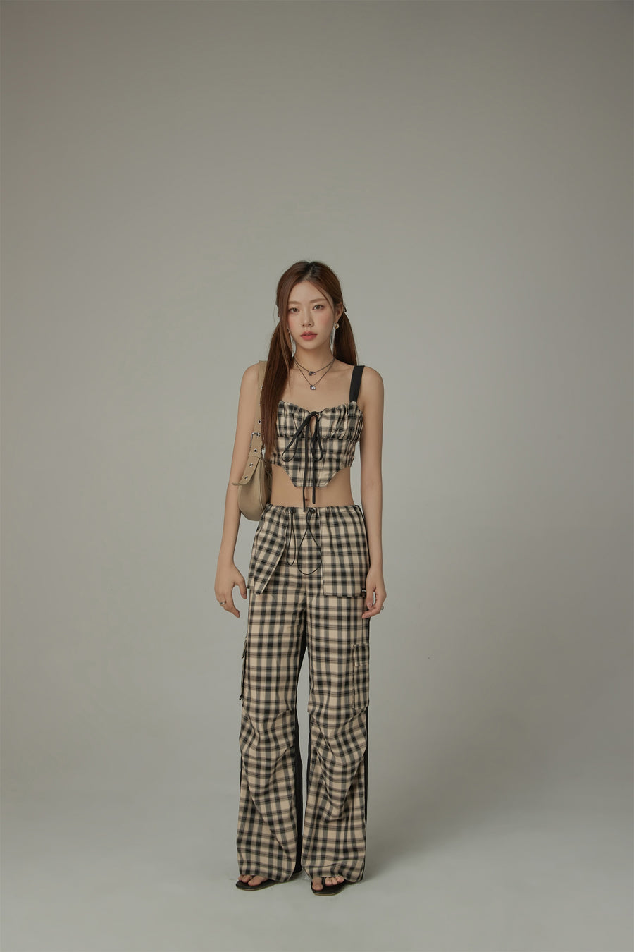 CHUU Check Ribbon Sleeveless Bustier Top