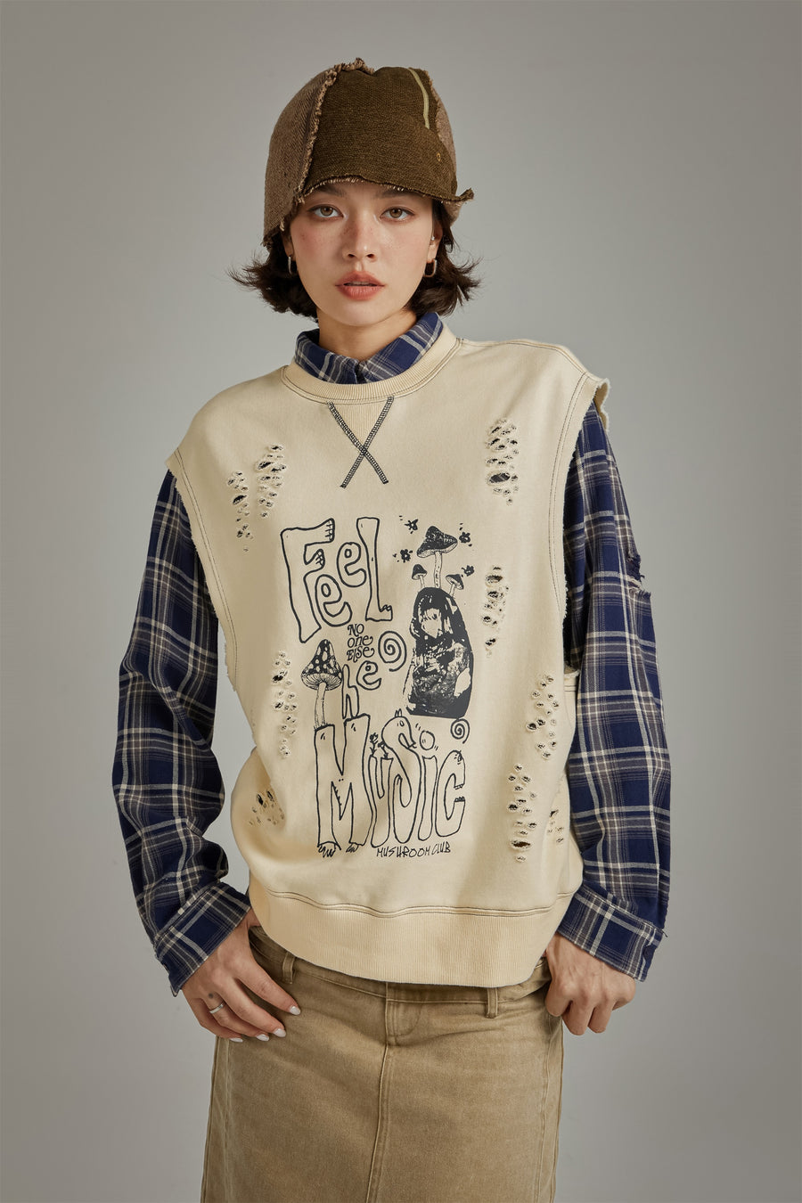 CHUU Music Distressed Printed Loose Vest