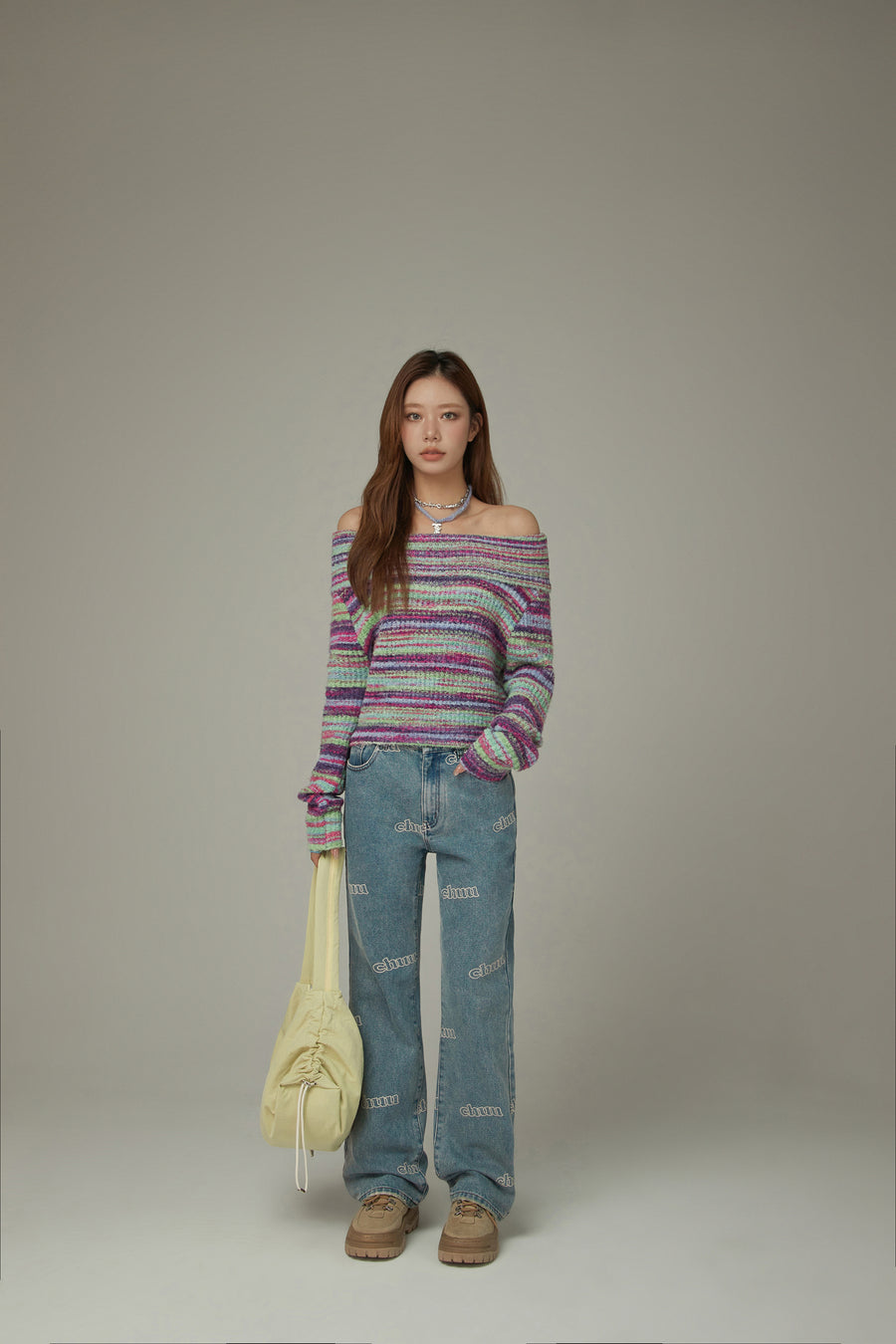 CHUU Off-Shoulder Color Stripe Knit Sweater