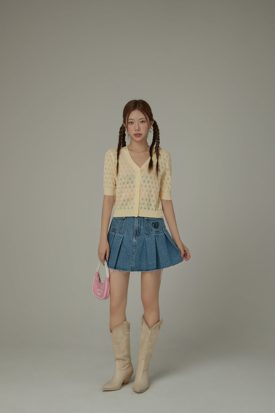 CHUU Heart Eyelet Short Sleeves Knit Cardigan