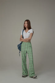 Color Checked Tie Waist Bootcut Pants