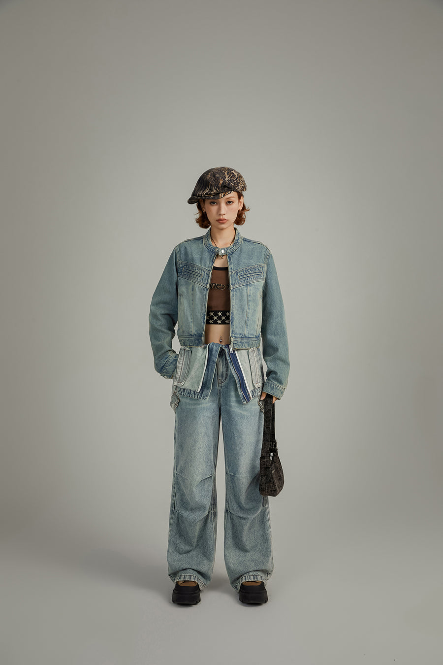 CHUU Neck Button Washed Denim Jacket