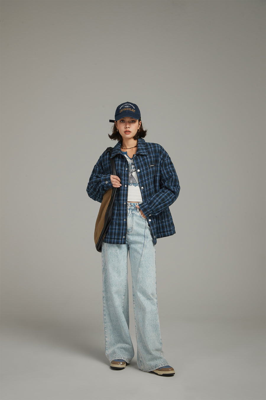 CHUU High Neck Check Quilted Shacket