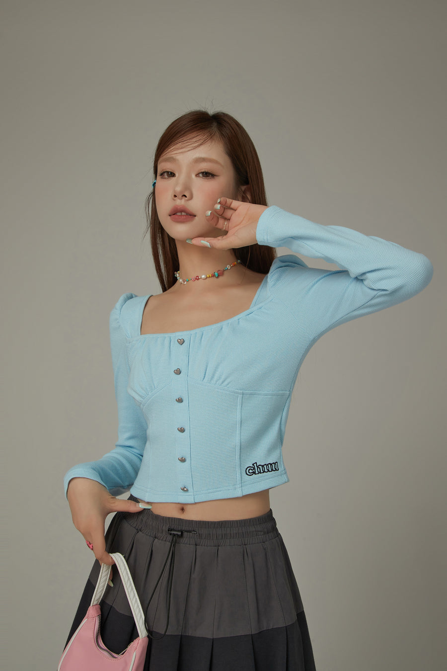 CHUU Heart Buttons Square Puff Sleeve Top