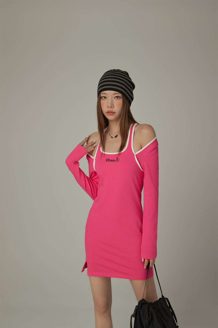 CHUU Off Shoulder Split Long Sleeve Mini Dress
