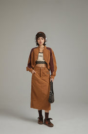 Retro Solid Color Drawstring Long Skirt