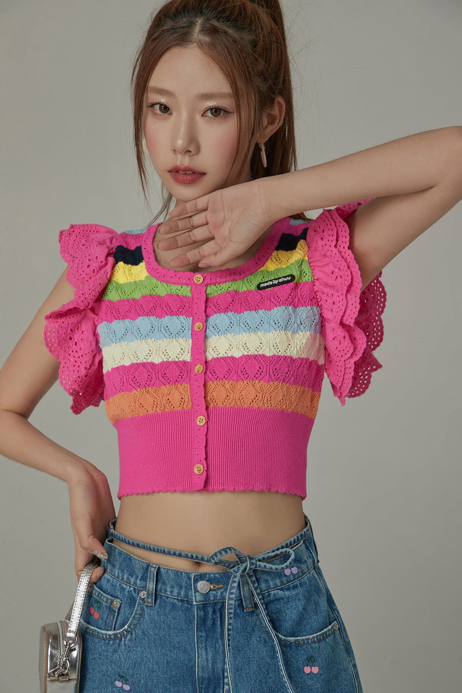 CHUU Ruffled Lace Striped Crop Knit Top