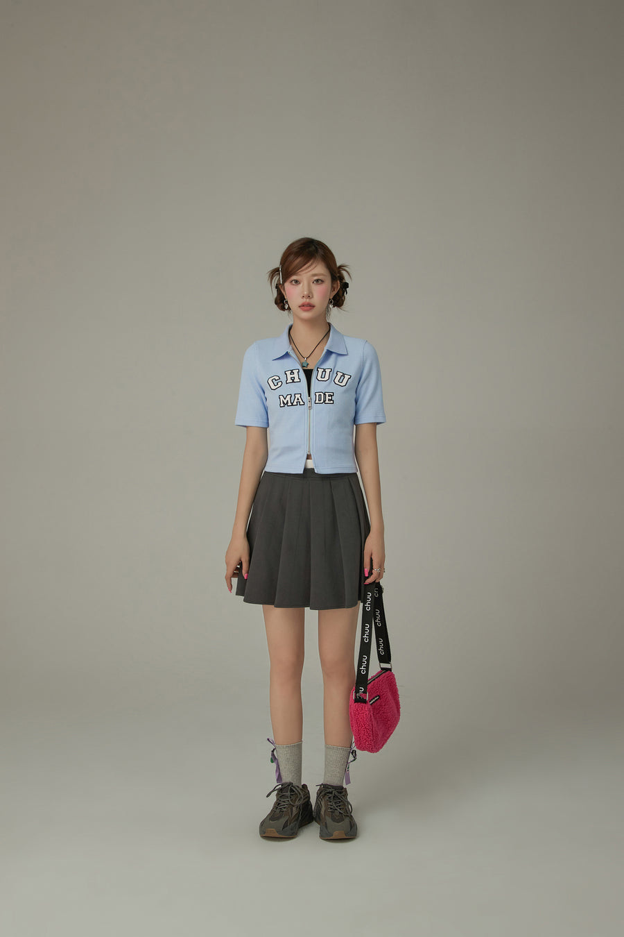 CHUU Logo Color Waffle Short Sleeve Zip-Up Top