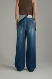 Unbalanced Folded Lettering Wide Denim Jeans