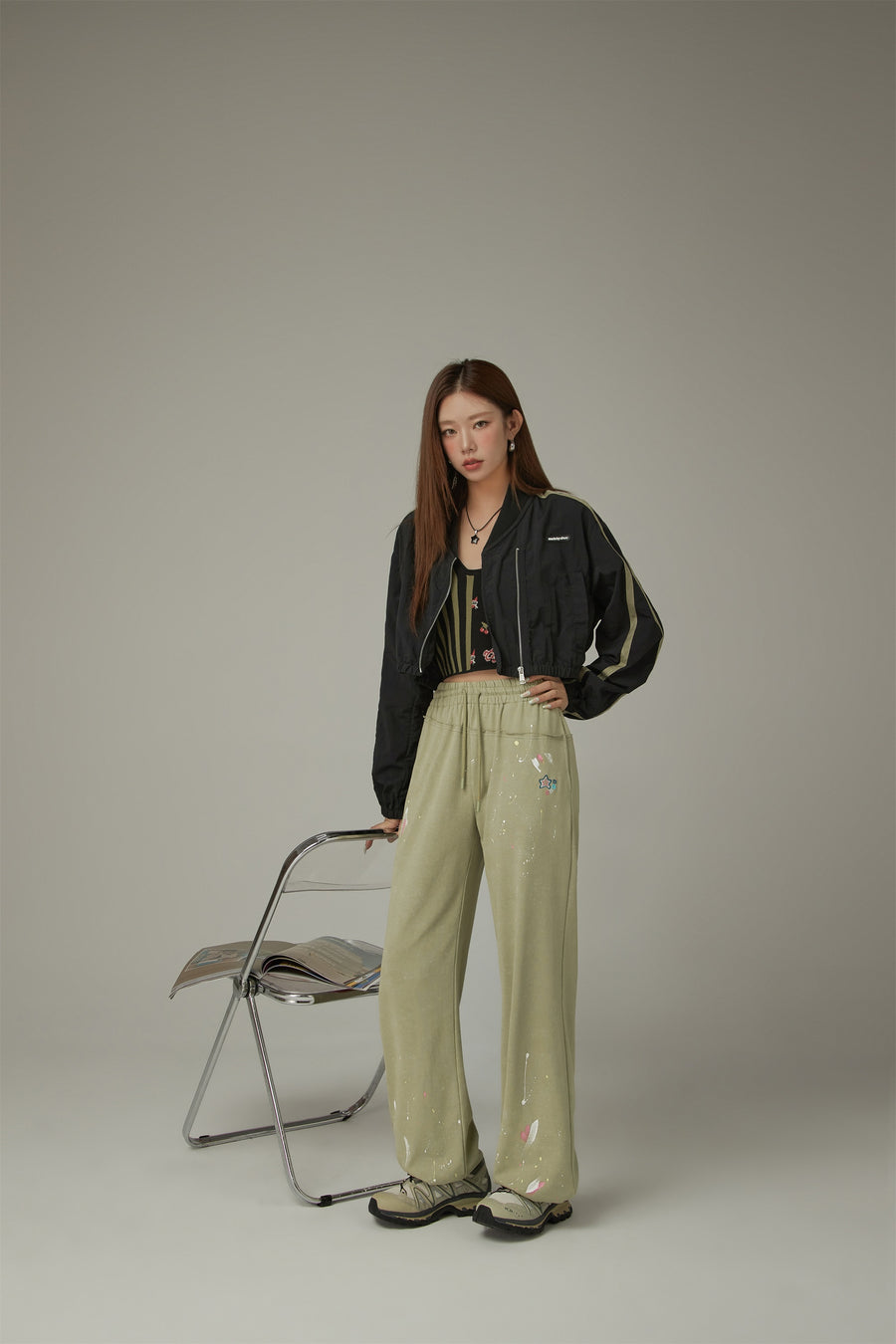 CHUU Elastic Waist String Painted Wide Pants