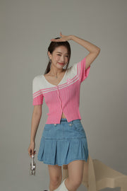 Ribbed Color Blocked Button Short Sleeve Cardigan