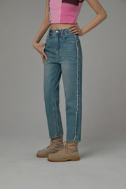 Frayed Line Straight Denim Jeans