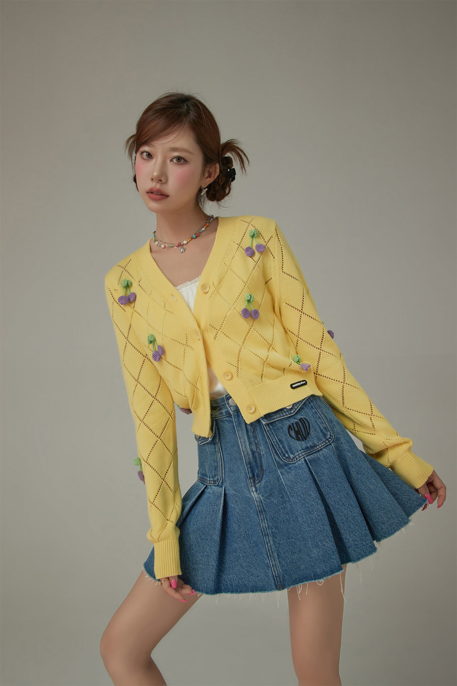 CHUU Argyle Knit Cherry Button Cardigan