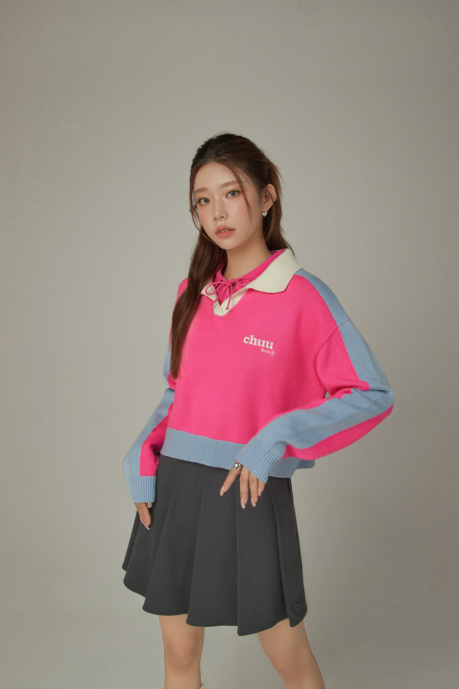 CHUU Open Collar Color Knit Sweater