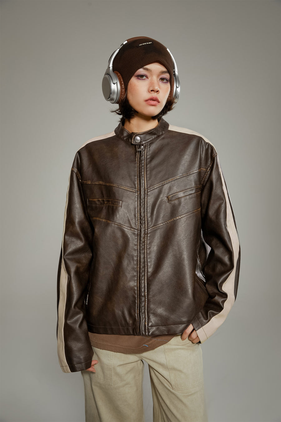 CHUU Color Combination Biker Leather Jacket