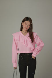 Asymmetrical Frill Big Collar Semi Crop Top