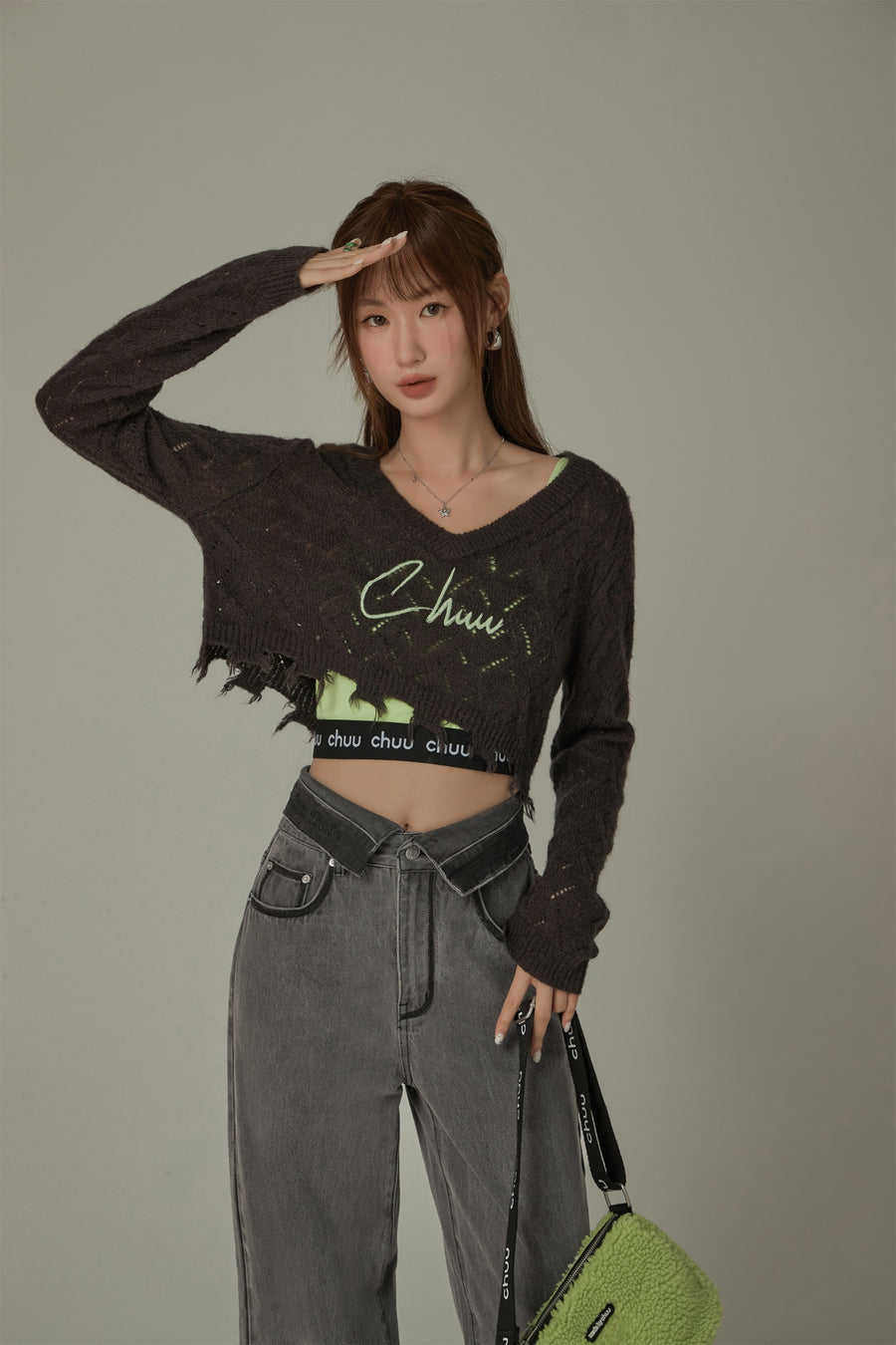 CHUU Maxi Crop Long Sleeve Eyelet Knit Sweater