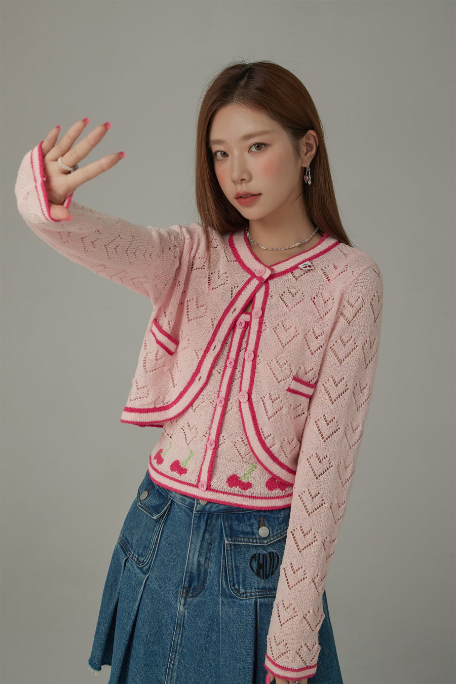 CHUU Dotted Hearts Long Sleeve Knit Cardigan