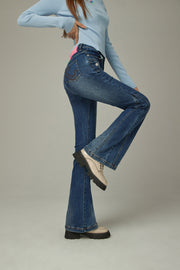 Washed Lined Stitched Semi Bootcut Denim Jeans