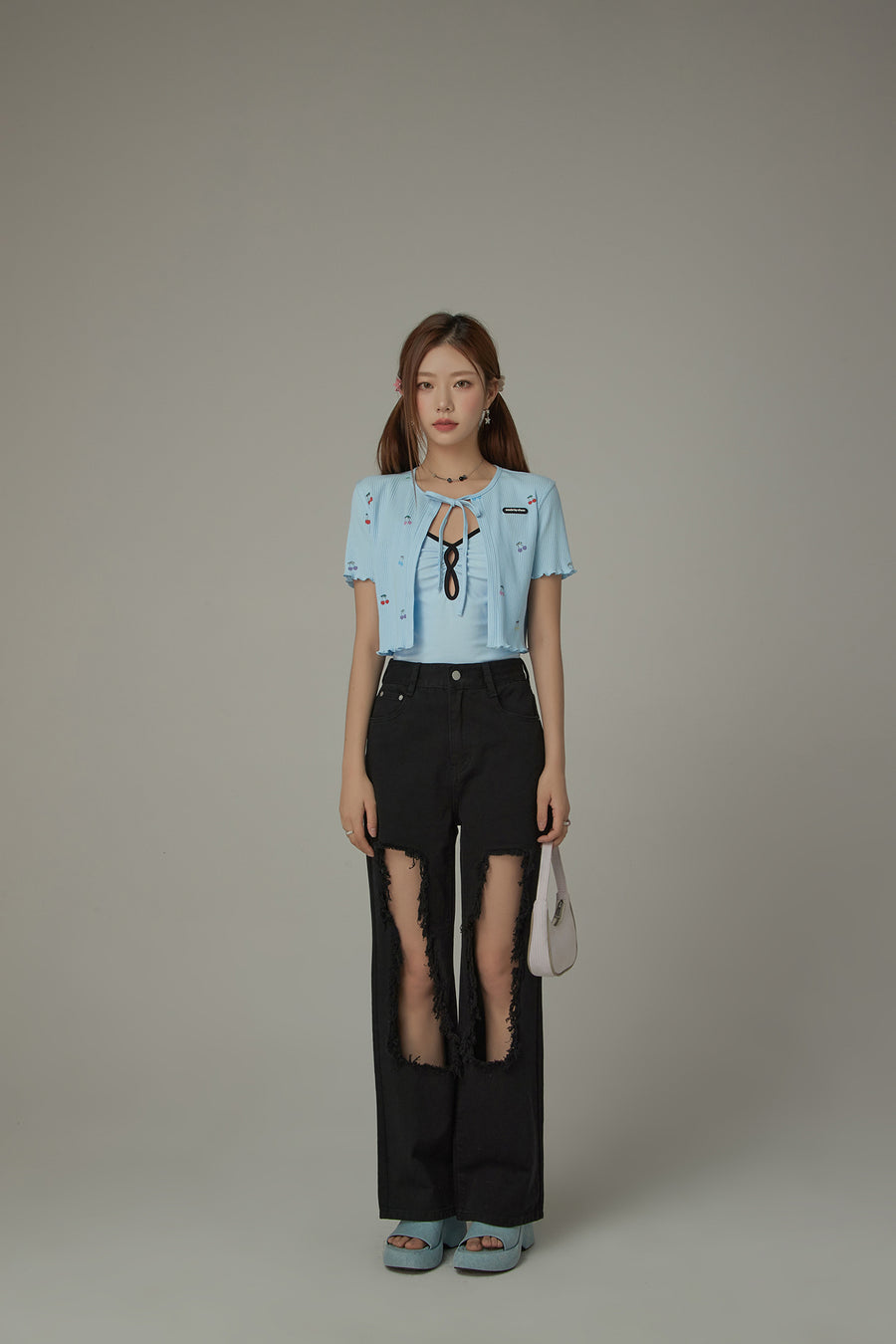 CHUU Cherry Ribbon Tie Short Sleeve Cardigan