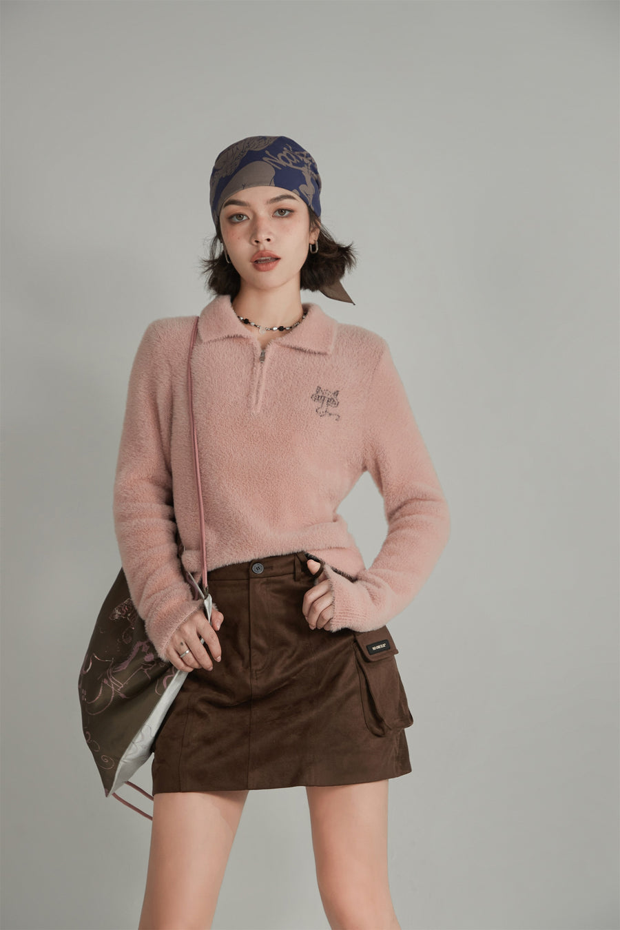 CHUU Mushroom Half Zip-Up Knit Sweater