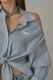 One-Shoulder Cut Out Check Tie-Up Shirt