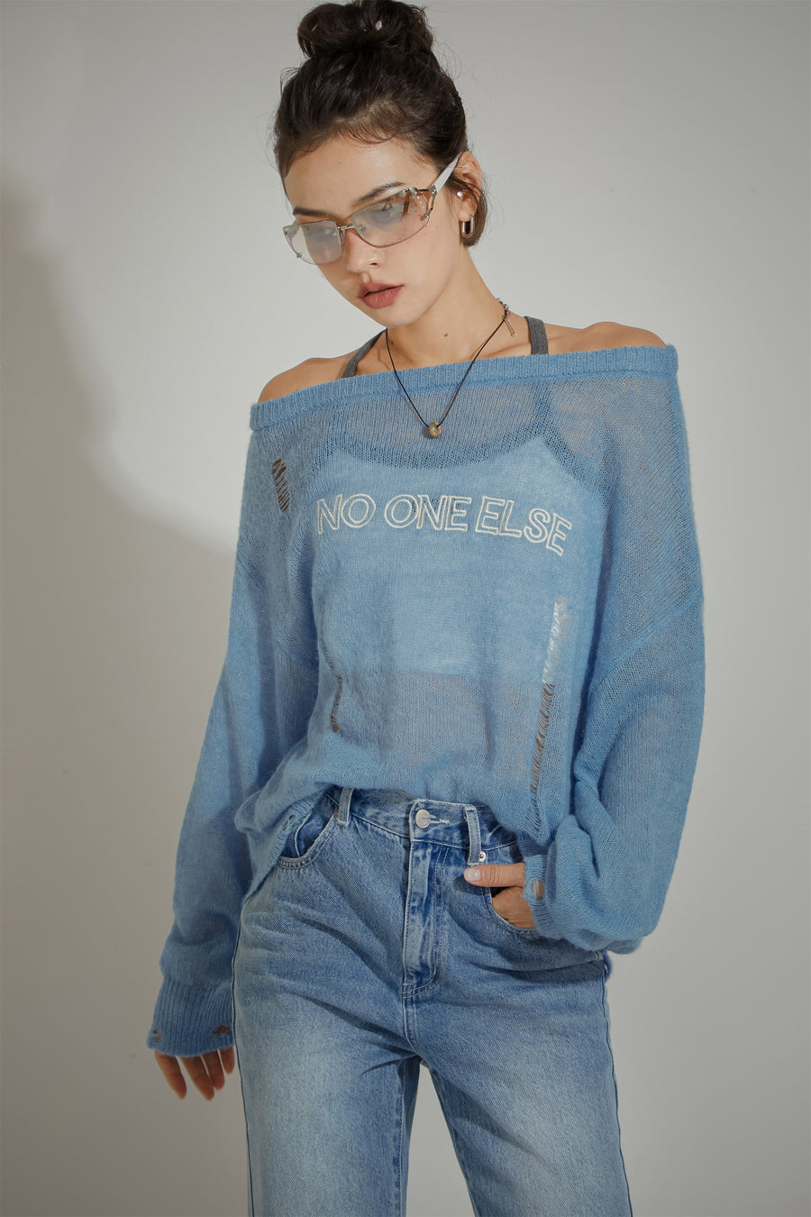 CHUU Distressed Ripped Thin Long Sleeved Knit Sweater