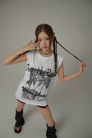 Over The Rainbow Printed Boxy Sleeveless Mid Length T-Shirt