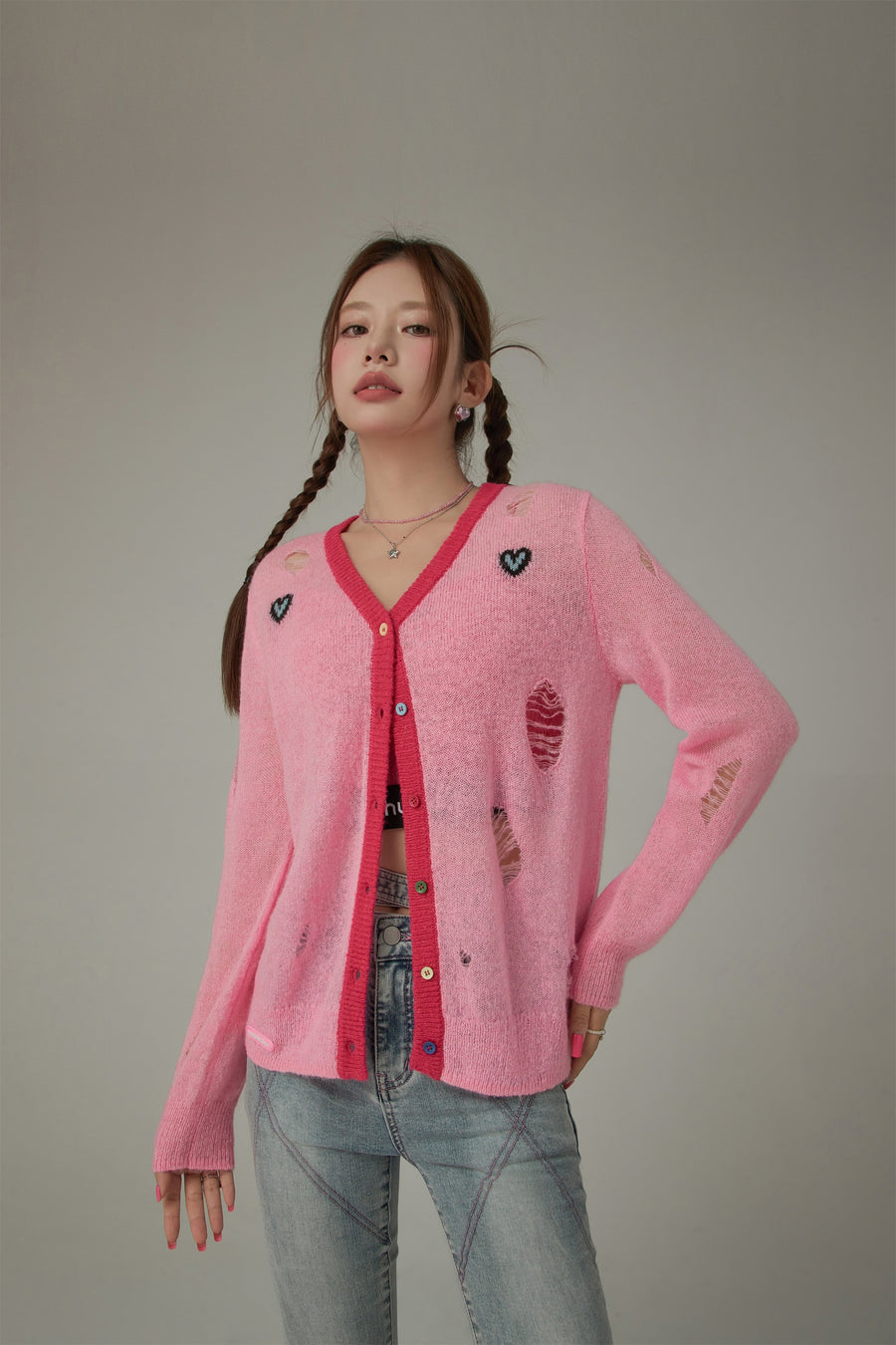 CHUU Distressed Heart Icon Rainbow Buttons Cardigan