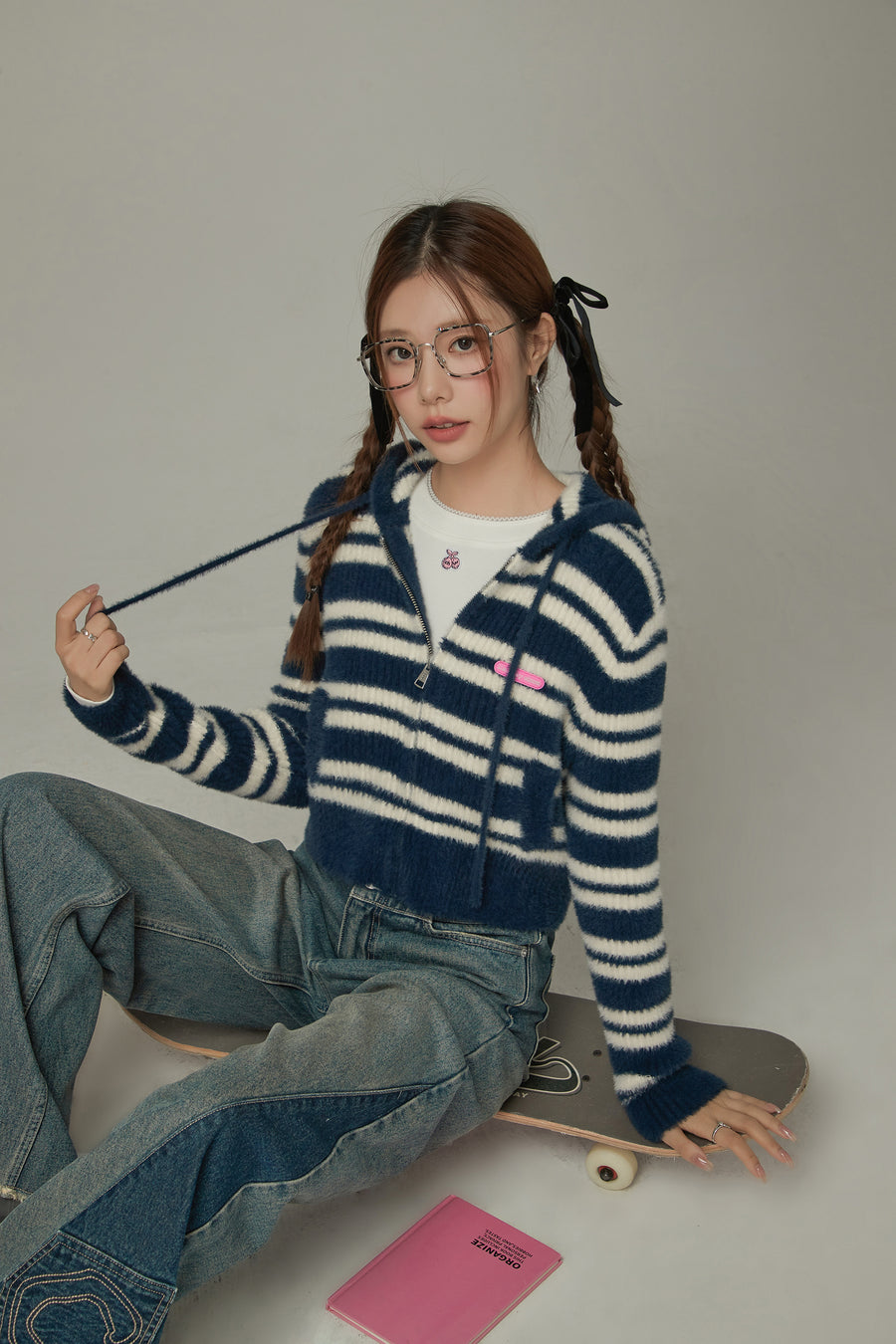 CHUU Striped Hooded Basic Zip-Up