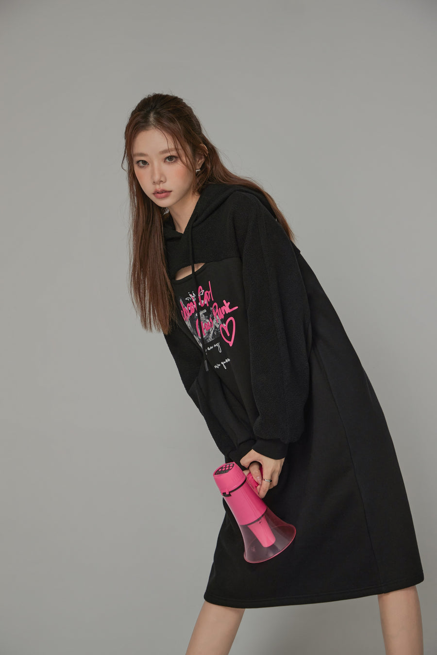 CHUU Front Slit Hooded Dress