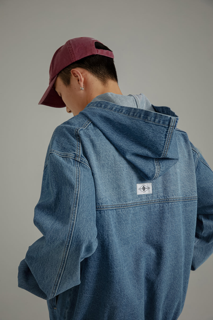 CHUU Embroidered Letter Denim Hooded Jacket