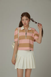 Half Zip-Up Color Stripe Collar Top