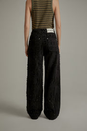 Frayed Ball Pattern Wide Denim Jeans