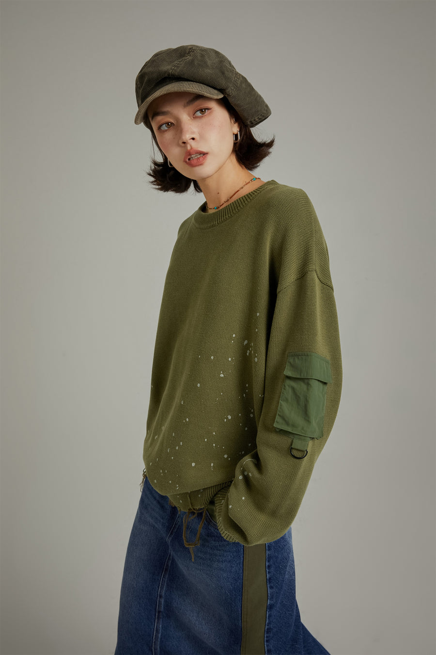 CHUU Pocket Paint Splatter Distressed Loose Fit Knit Sweater