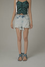 Exposed Logo Pocket Liner Distressed Denim Shorts