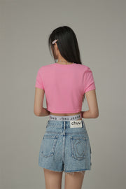 Embroidered Slim Back Cutout Cropped T-Shirt